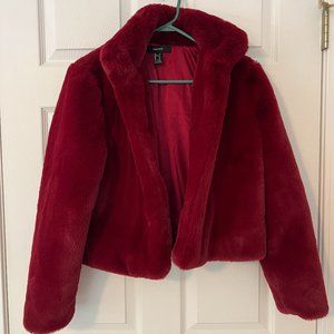 Cropped Faux Fur Coat - Red/Burgundy